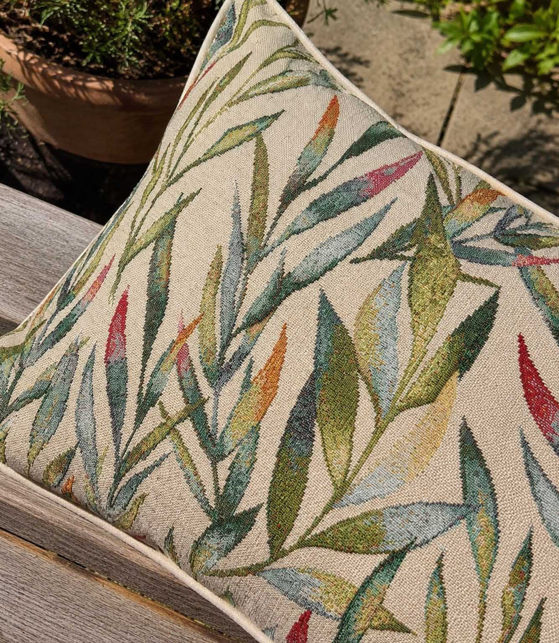 Foliage outdoor cushion in woven tapestry fabric with leaves pattern