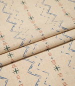 Layered Twilight Mill Blue Chestnut fabric displaying the repeating contemporary geometric design and natural woven texture.