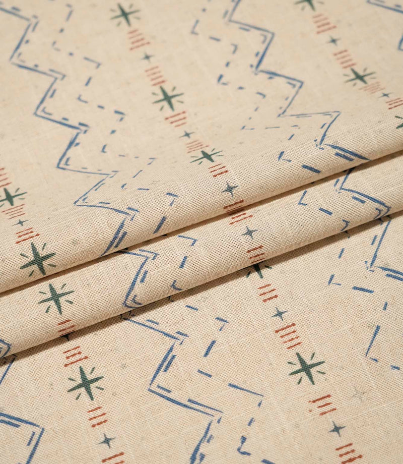 Layered Twilight Mill Blue Chestnut fabric displaying the repeating contemporary geometric design and natural woven texture.
