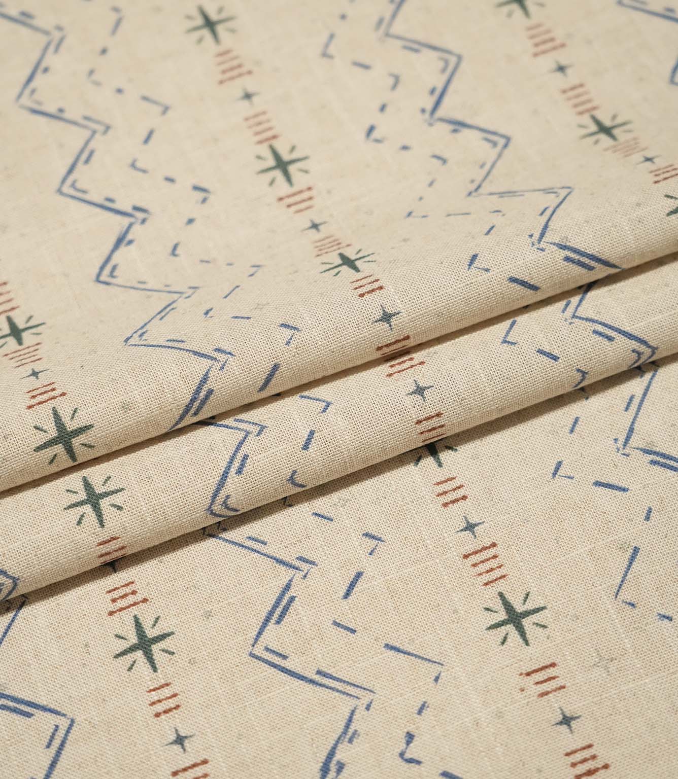 Layered Twilight Mill Blue Chestnut fabric displaying the repeating contemporary geometric design and natural woven texture.