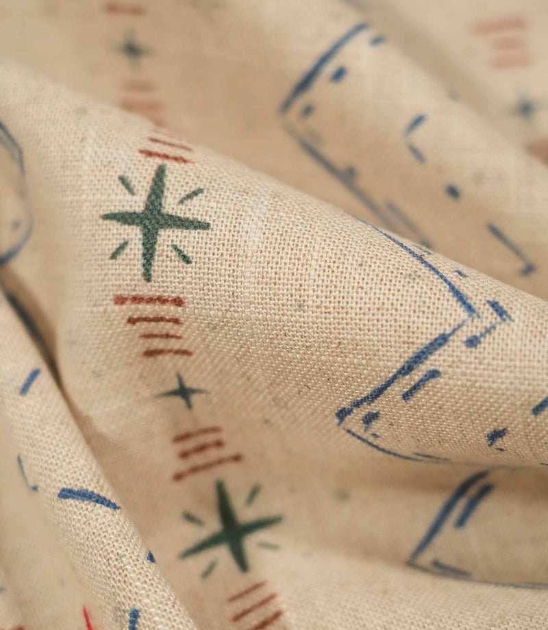Macro close-up of Twilight Mill Blue Chestnut fabric highlighting the woven texture and hand-drawn geometric design.