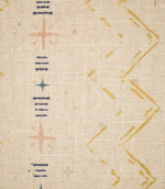 Close-up of Twilight Mill Gold fabric showing the hand-drawn geometric motif with stitched zigzags and decorative star details.