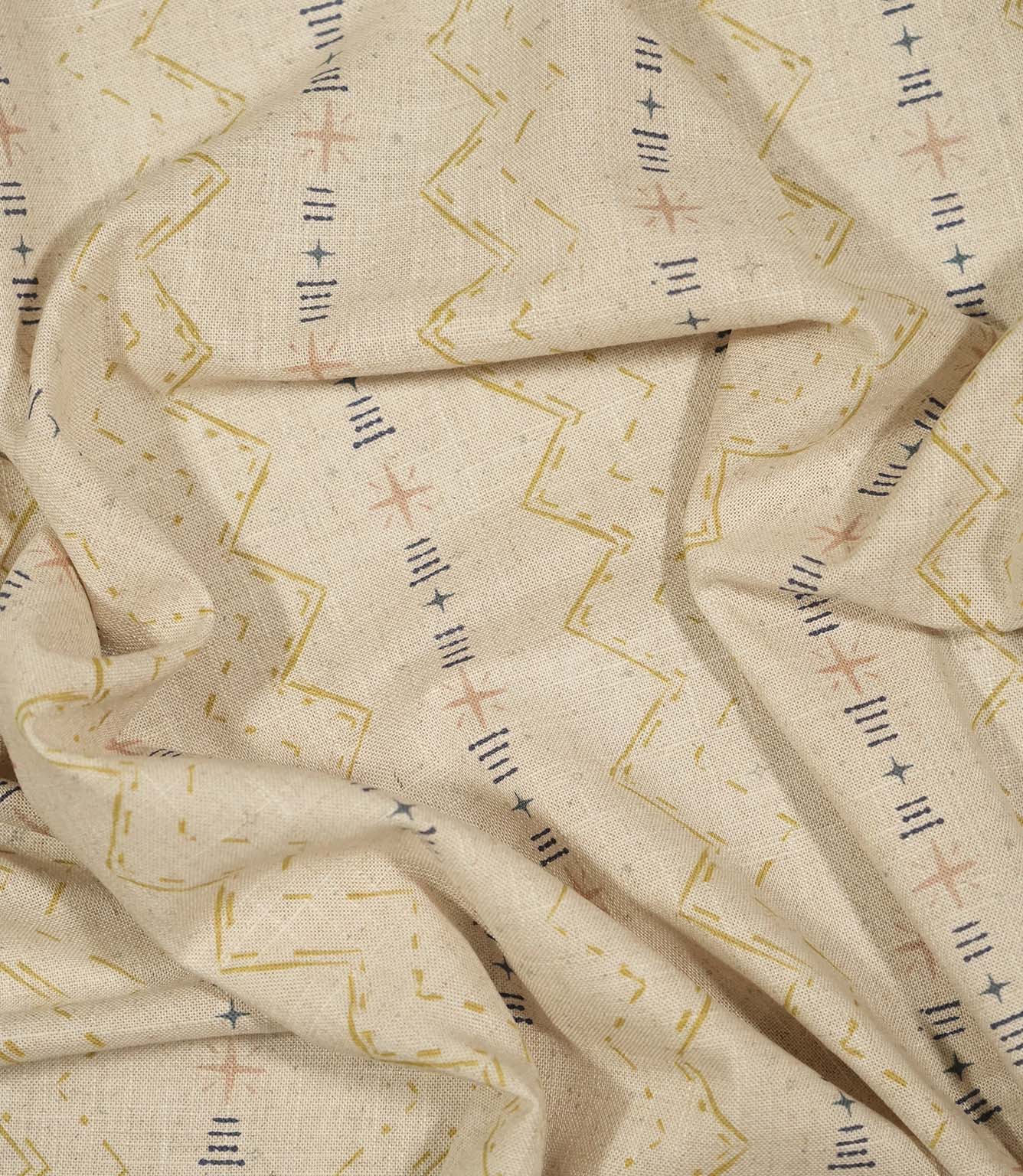 Twilight Mill Gold fabric draped to demonstrate its soft handle and decorative small-scale geometric print.