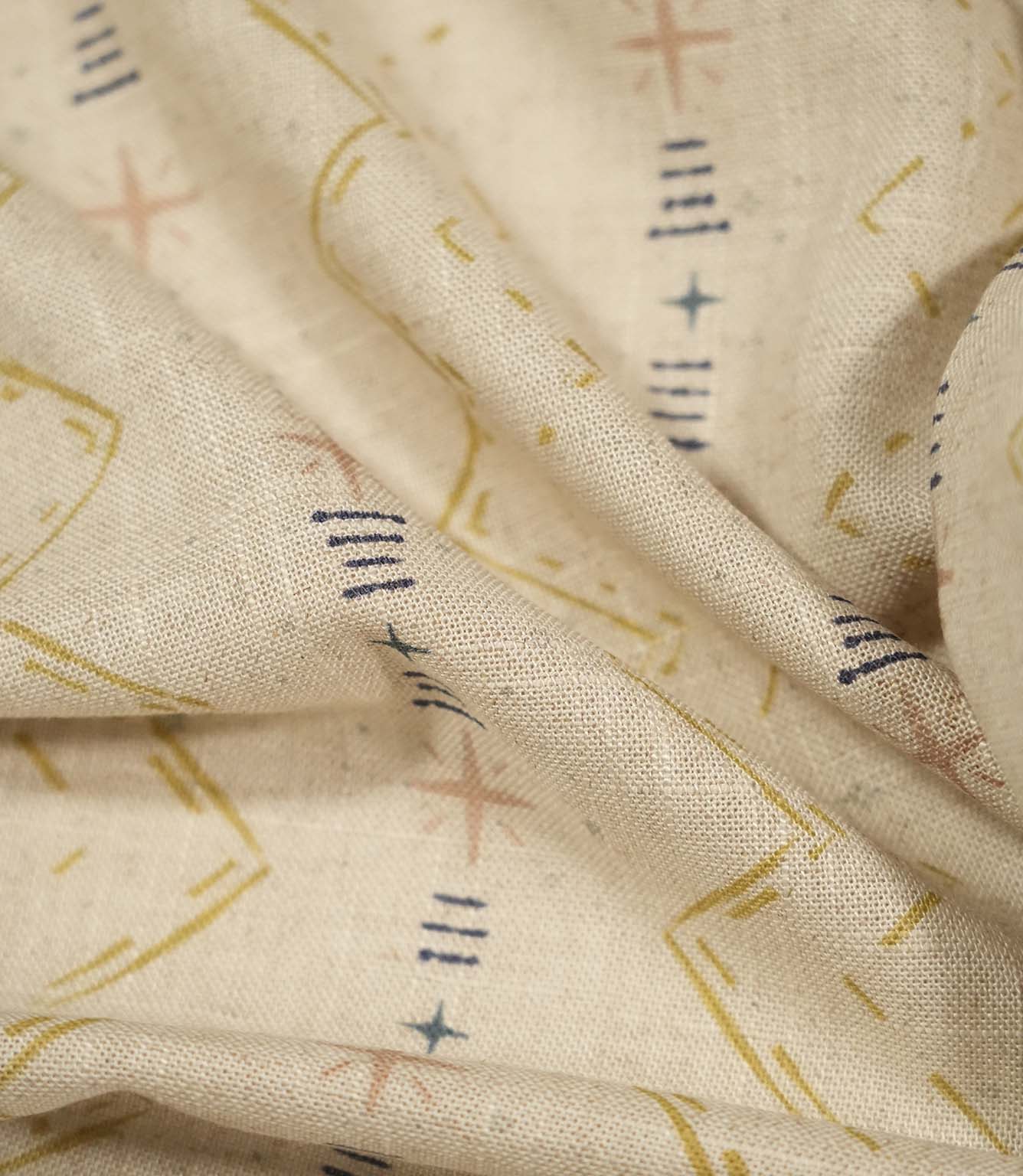 Macro close-up of Twilight Mill Gold fabric highlighting the woven texture and hand-drawn geometric design.