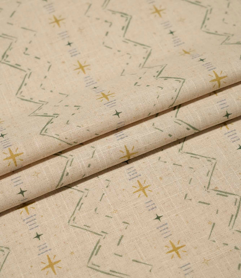 Layered Twilight Mill Green Apple Gold fabric displaying the repeating contemporary geometric design and natural woven texture.