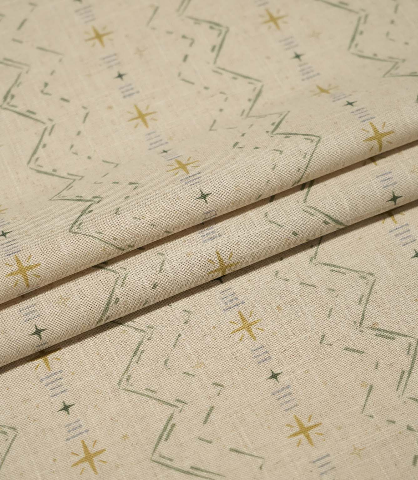 Layered Twilight Mill Green Apple Gold fabric displaying the repeating contemporary geometric design and natural woven texture.
