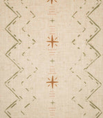 Close-up of Twilight Mill Olive Green Hazelnut fabric showing the hand-drawn geometric motif with olive green zigzags, hazelnut stars and fine blush stripe details.