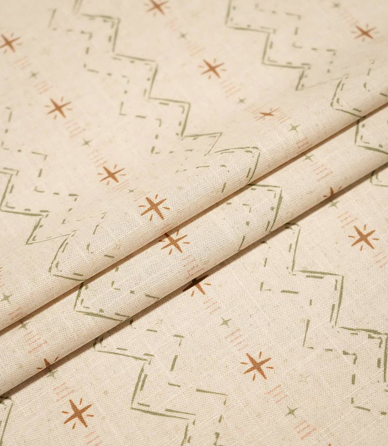 Layered Twilight Mill Olive Green Hazelnut fabric displaying the repeating contemporary geometric design and natural woven texture.