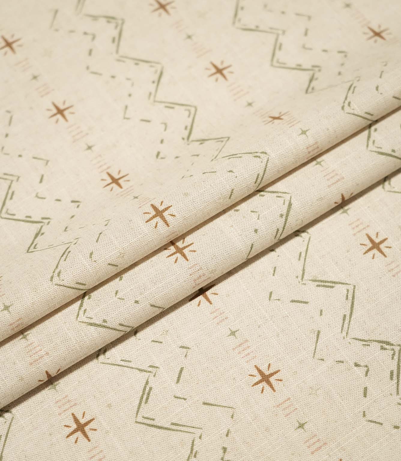 Layered Twilight Mill Olive Green Hazelnut fabric displaying the repeating contemporary geometric design and natural woven texture.