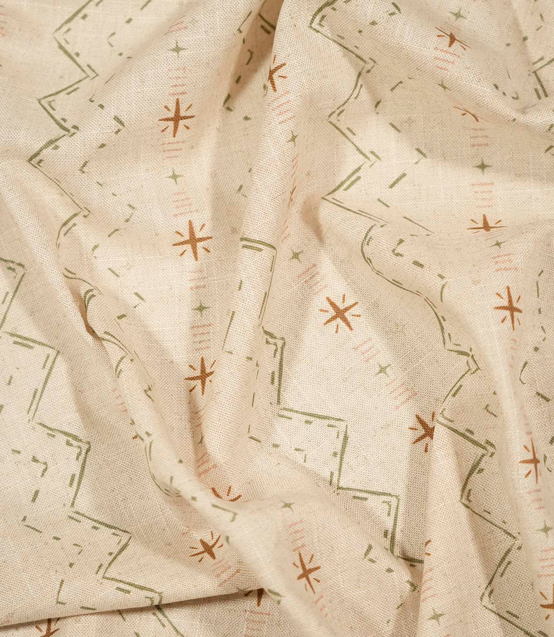 Twilight Mill Olive Green Hazelnut fabric draped to demonstrate its soft handle and decorative small-scale geometric print.