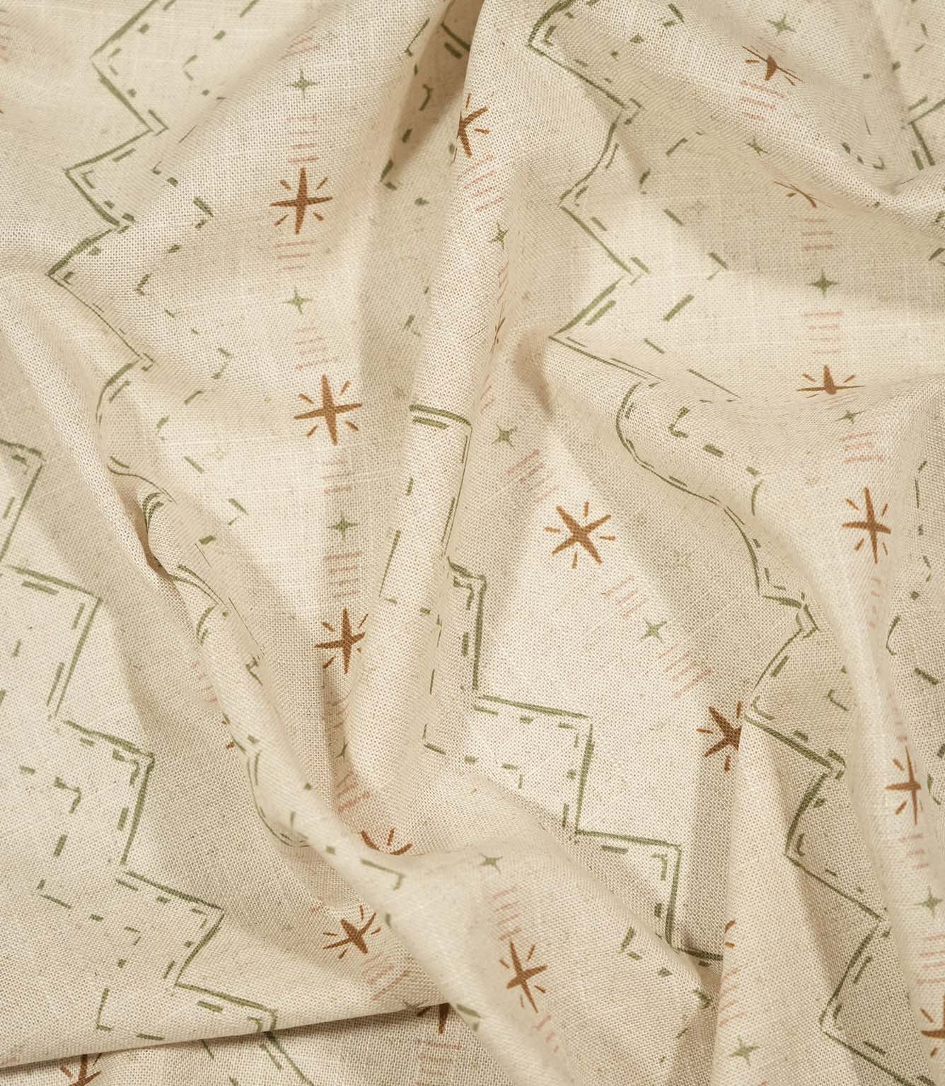 Twilight Mill Olive Green Hazelnut fabric draped to demonstrate its soft handle and decorative small-scale geometric print.