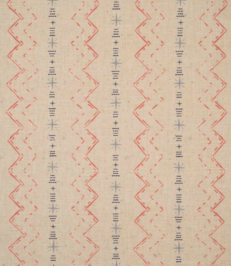 Twilight Mill Red Steel Blue fabric featuring a contemporary geometric pattern in red and steel blue on a natural-look woven background.