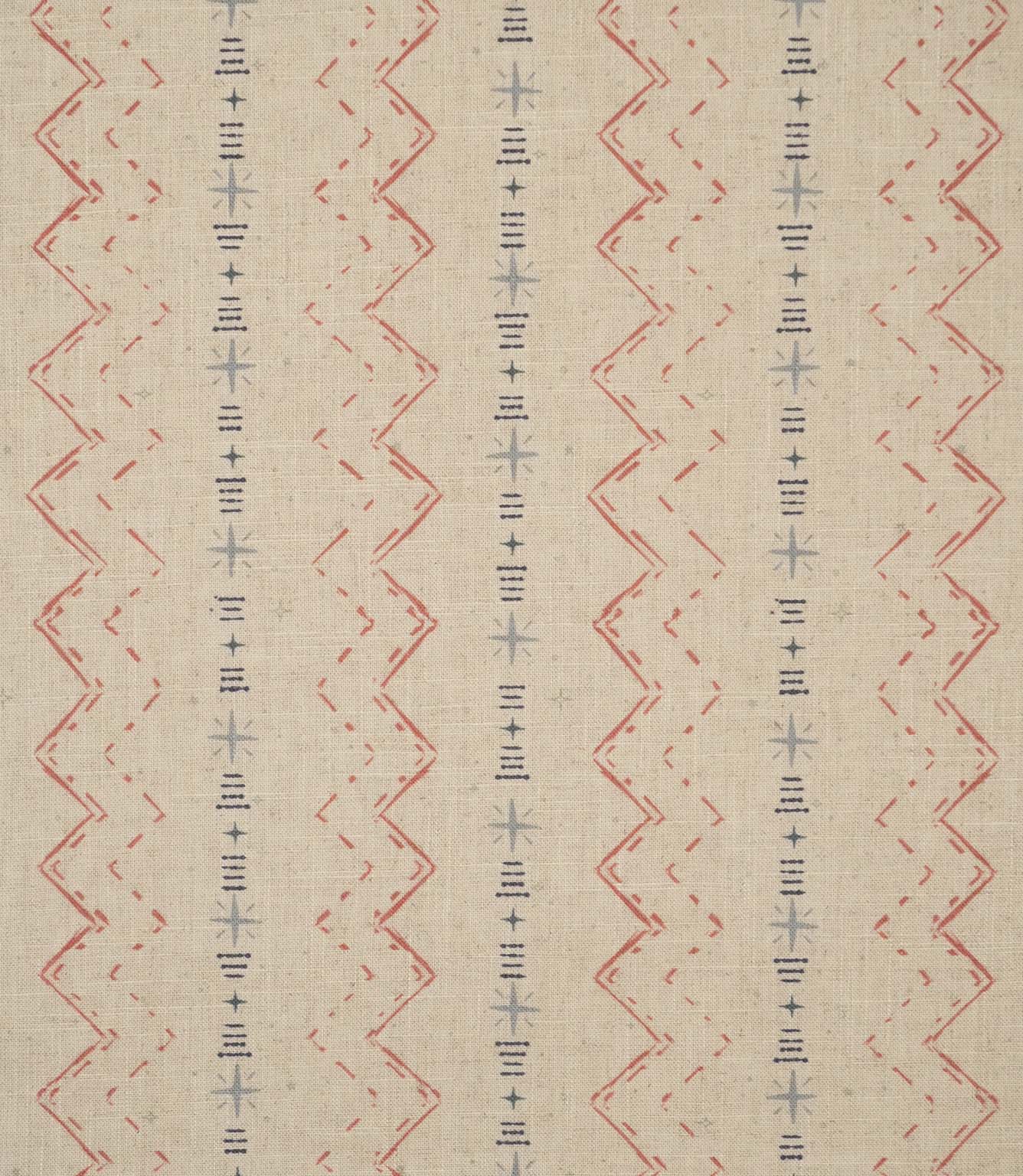 Twilight Mill Red Steel Blue fabric featuring a contemporary geometric pattern in red and steel blue on a natural-look woven background.