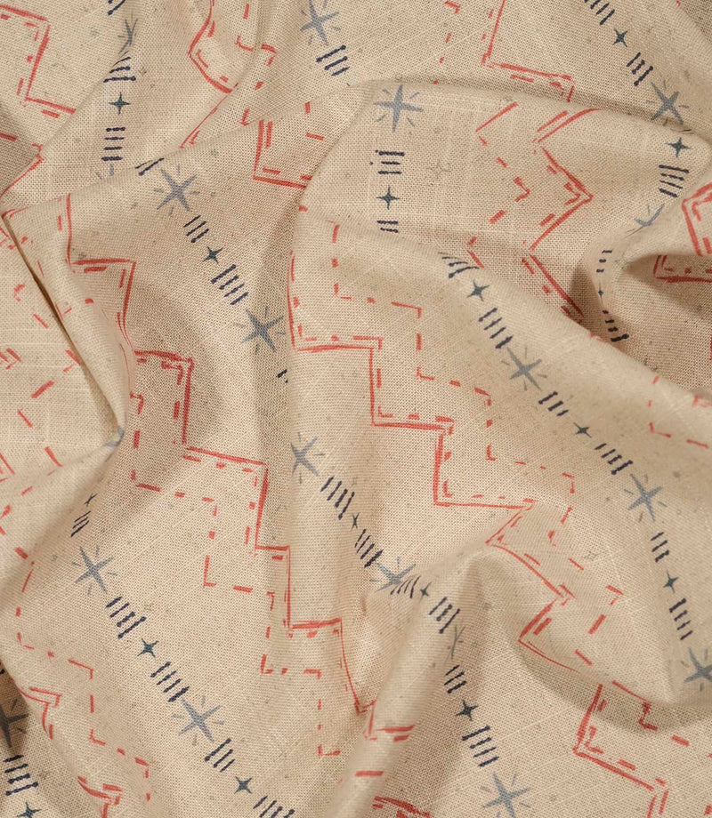 Twilight Mill Red Steel Blue fabric draped to demonstrate its soft handle and contemporary geometric print.
