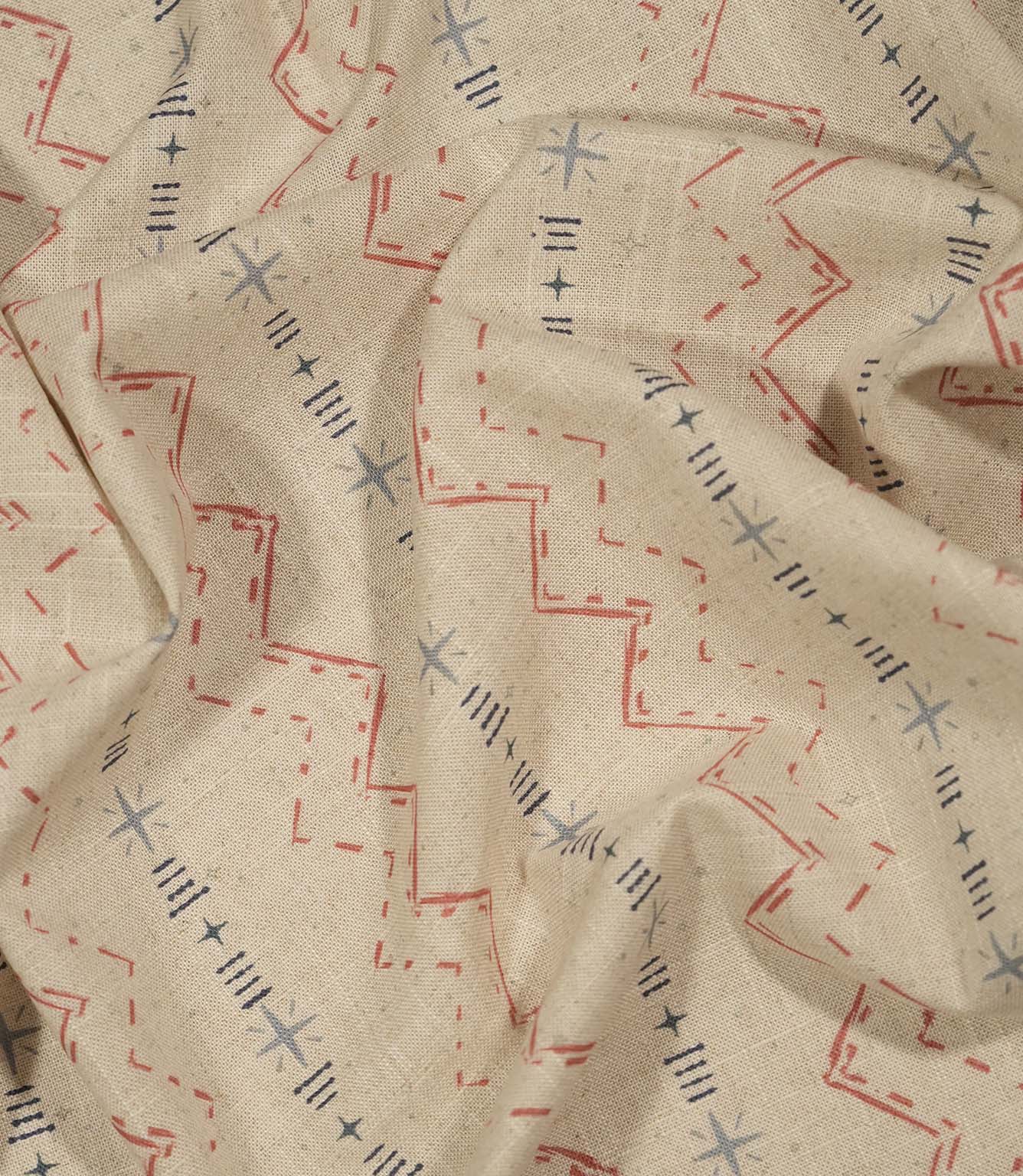 Twilight Mill Red Steel Blue fabric draped to demonstrate its soft handle and contemporary geometric print.