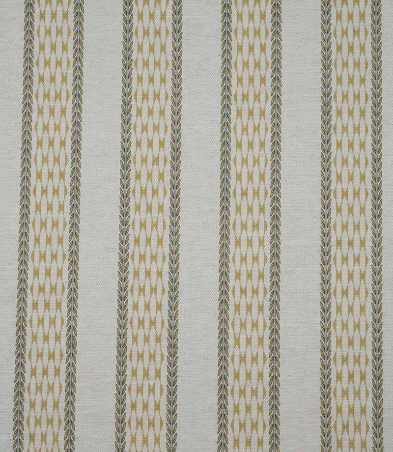 Full width view of Varese Gold extra wide contemporary foliage fabric with repeating striped design.