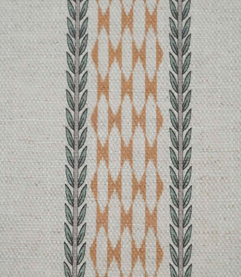 Close-up of Varese Rust extra wide contemporary foliage upholstery fabric showing the woven texture and vertical stripe design.