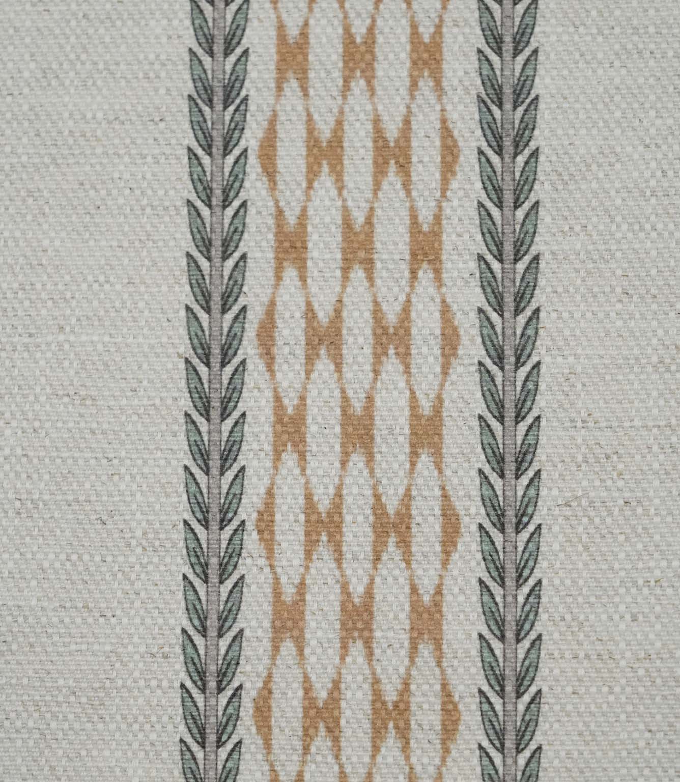 Close-up of Varese Rust extra wide contemporary foliage upholstery fabric showing the woven texture and vertical stripe design.