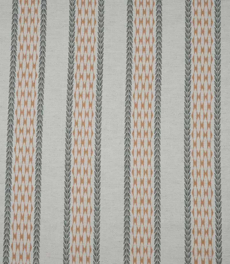 Full width view of Varese Rust extra wide contemporary foliage fabric with repeating striped pattern.