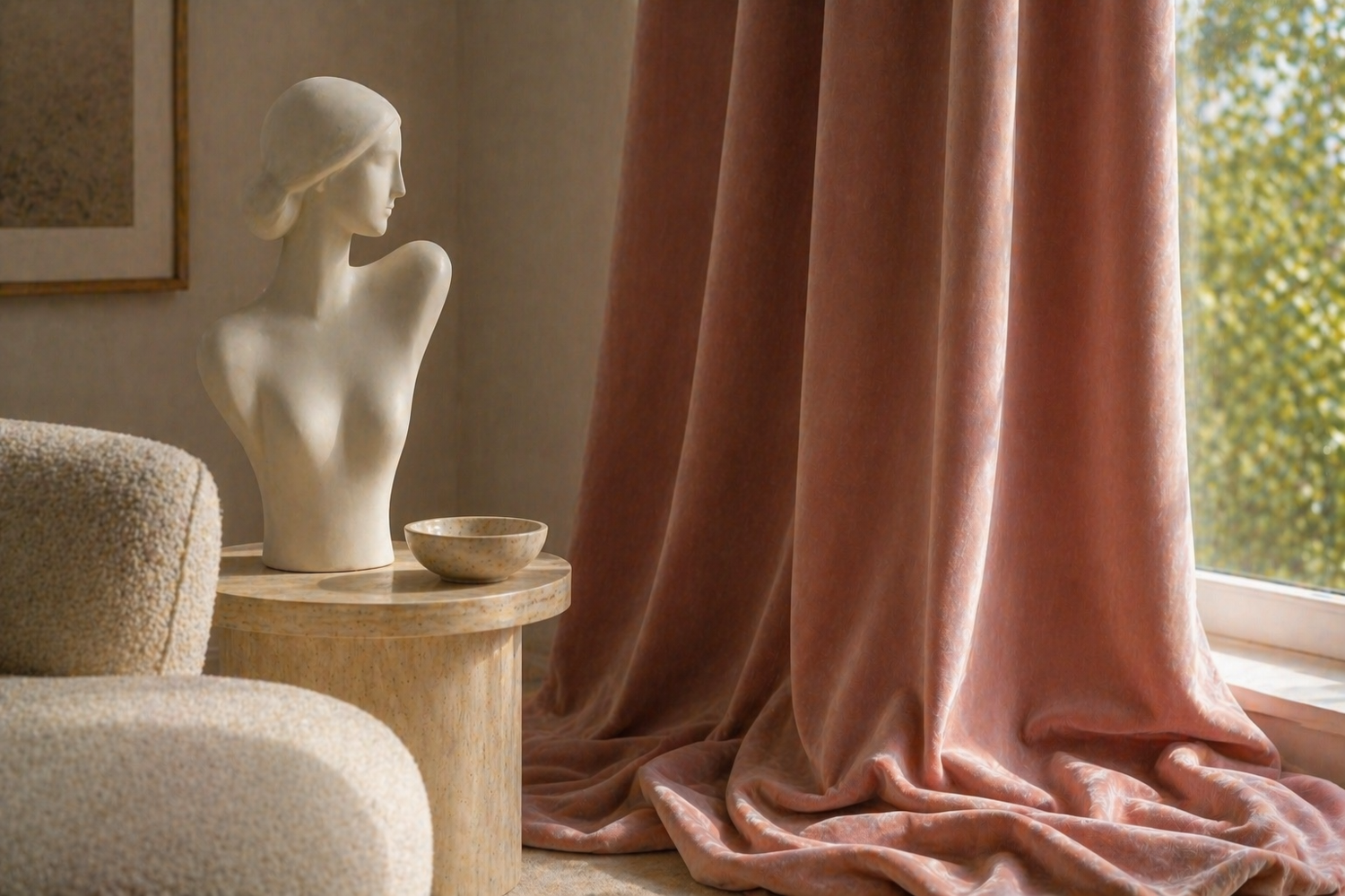 Pink curtain draped over a window with a sculpture and chair in the foreground.