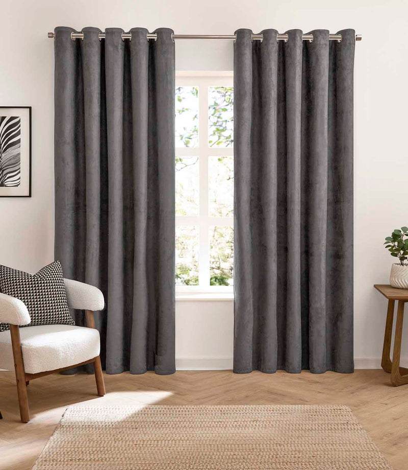 Verso Reversible Suede-look Blackout Eyelet Curtains Charcoal | Just Fabrics