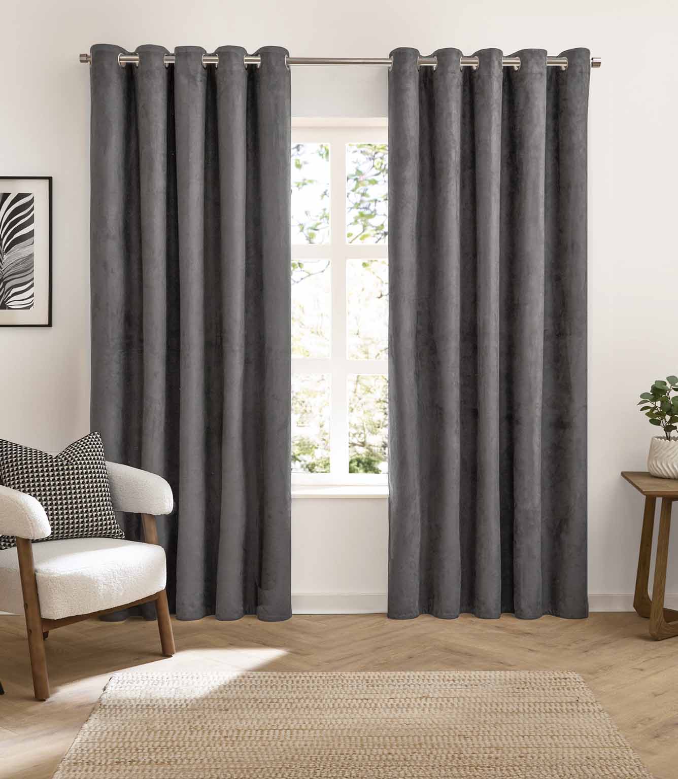 Verso Reversible Suede-look Blackout Eyelet Curtains Charcoal | Just Fabrics