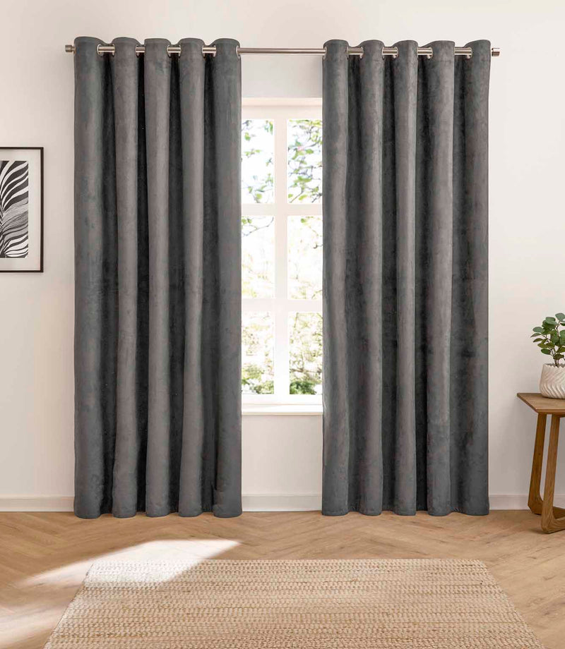 Verso Reversible Suede-look Blackout Eyelet Curtains Charcoal | Just Fabrics