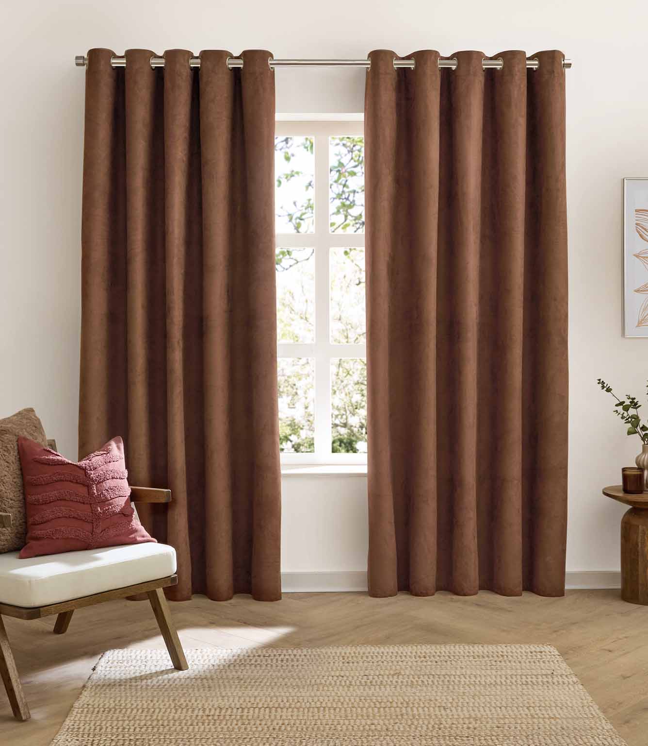 Verso Reversible Suede-look Blackout Eyelet Curtains Cinnamon | Just Fabrics