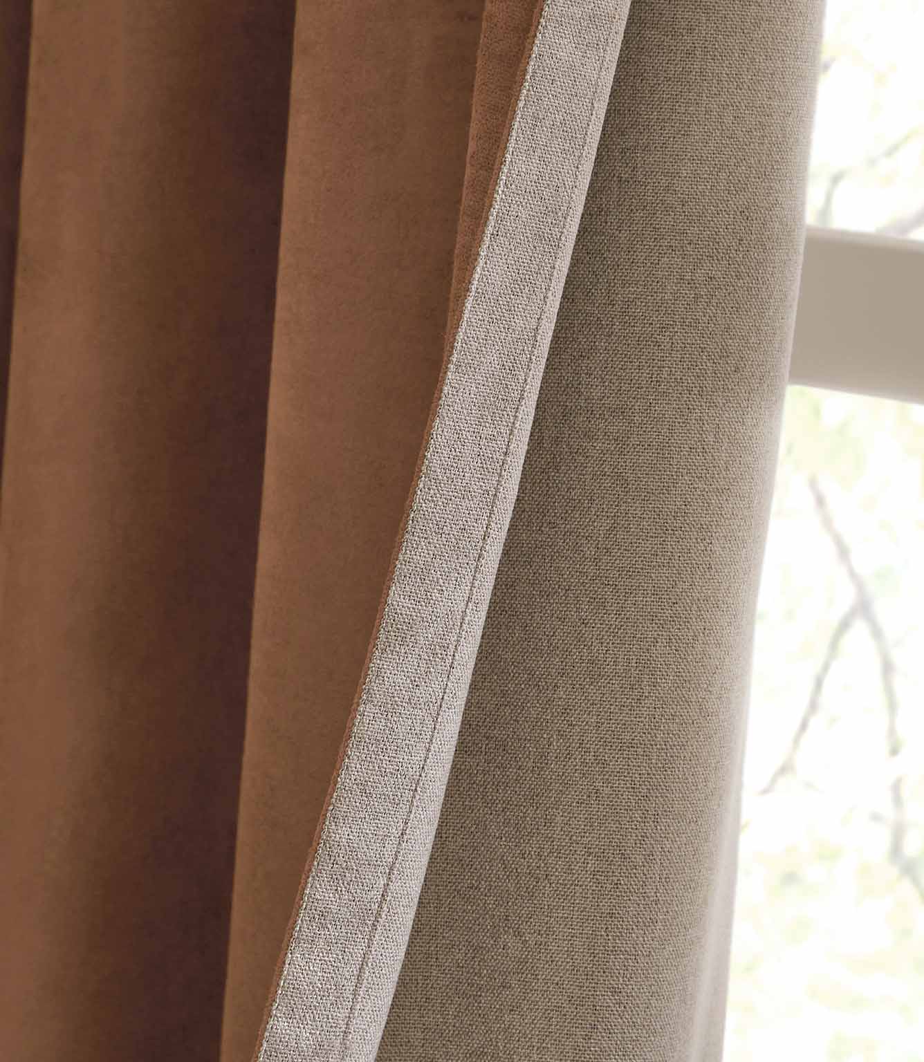 Verso Reversible Suede-look Blackout Eyelet Curtains Cinnamon | Just Fabrics