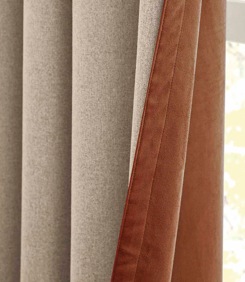 Verso Reversible Suede-look Blackout Eyelet Curtains Cinnamon | Just Fabrics