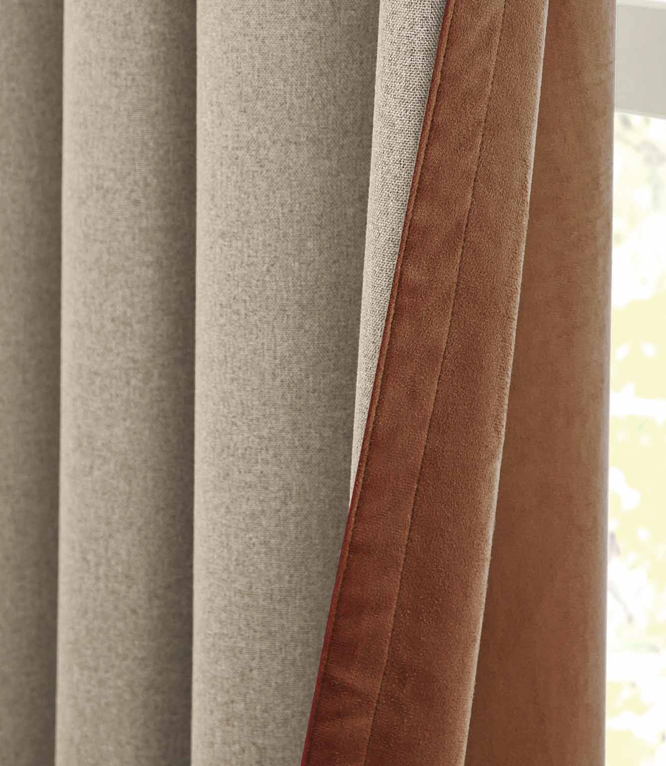 Verso Reversible Suede-look Blackout Eyelet Curtains Cinnamon | Just Fabrics