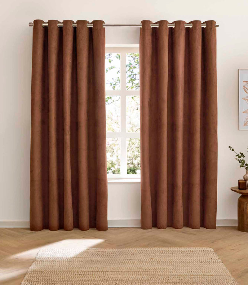 Verso Reversible Suede-look Blackout Eyelet Curtains Cinnamon | Just Fabrics