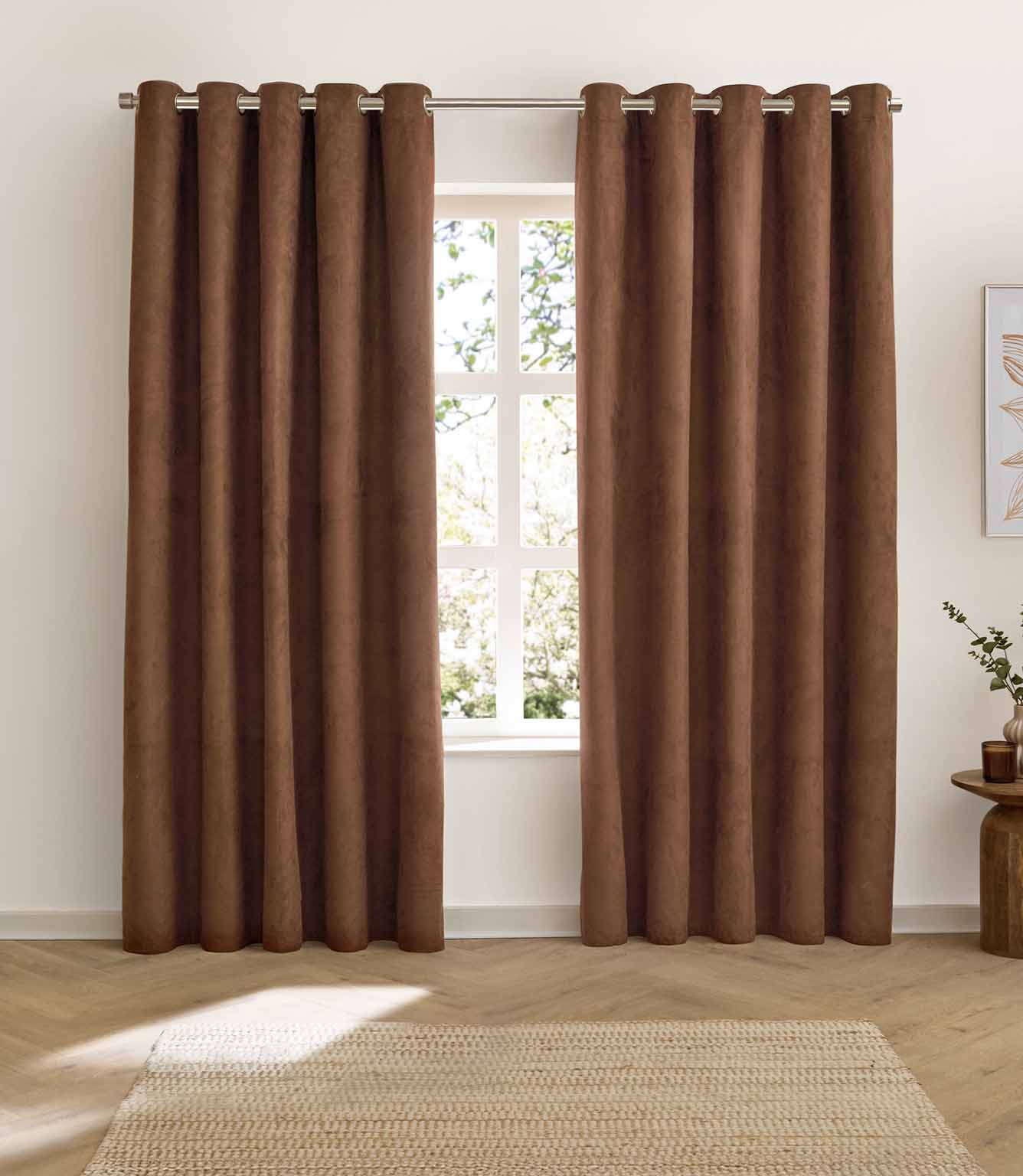 Verso Reversible Suede-look Blackout Eyelet Curtains Cinnamon | Just Fabrics