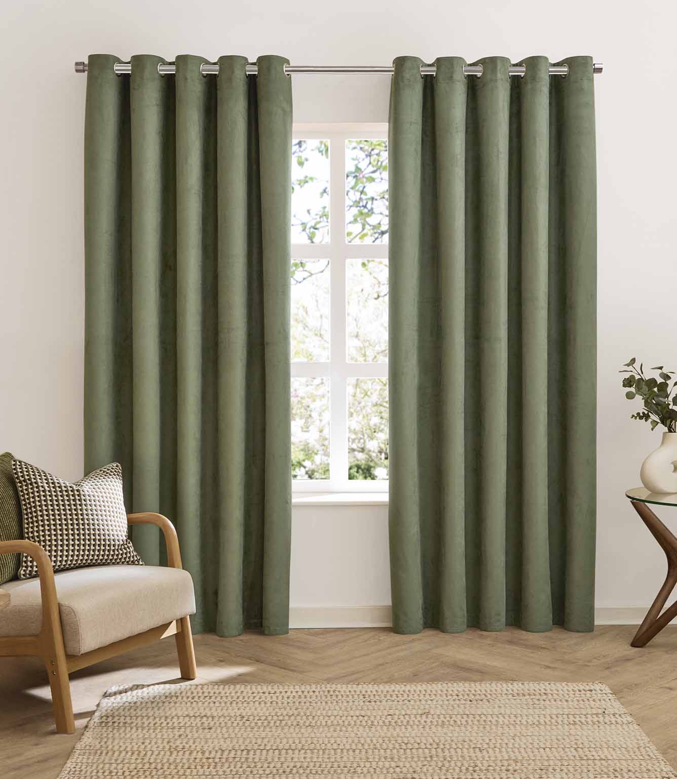 Verso Reversible Suede-look Blackout Eyelet Curtains Green | Just Fabrics