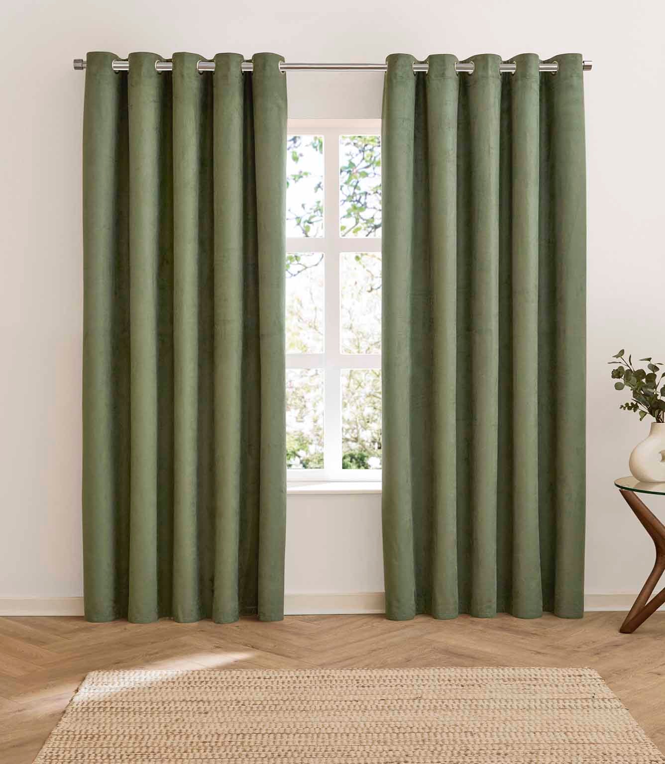 Verso Reversible Suede-look Blackout Eyelet Curtains Green | Just Fabrics