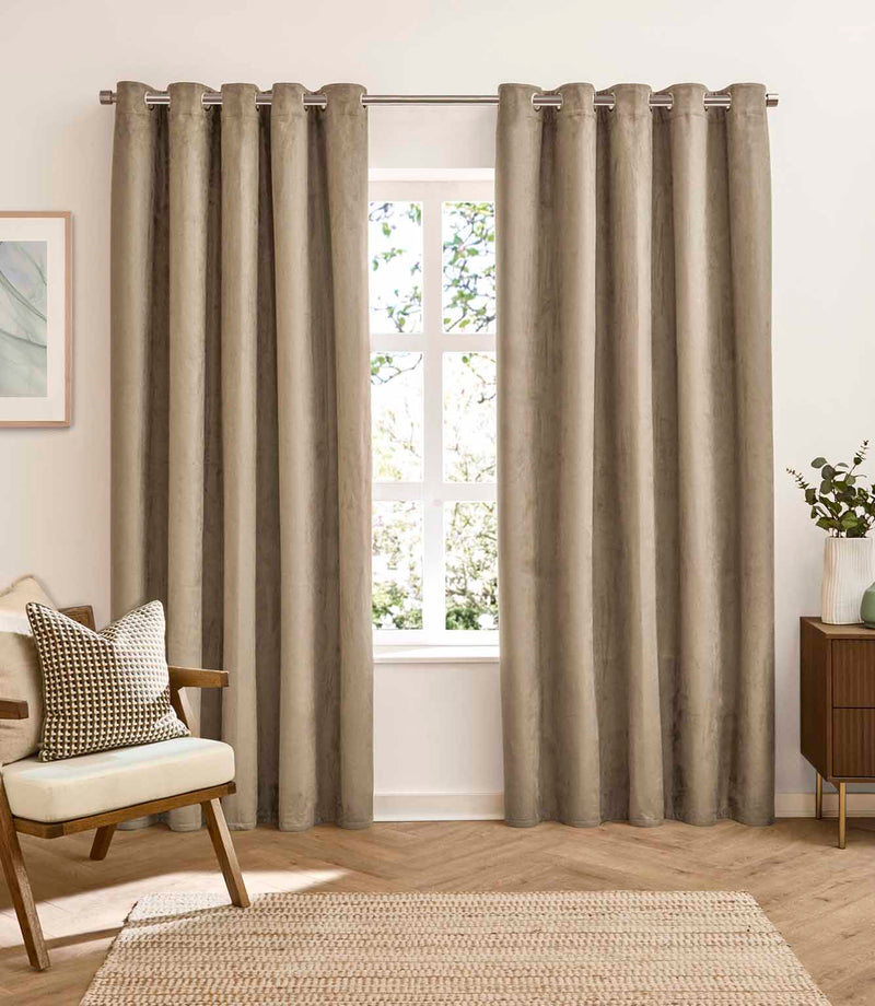 Verso Reversible Suede-look Blackout Eyelet Curtains Mocha | Just Fabrics