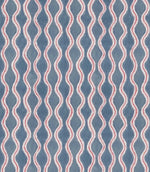 Wading Anemone contemporary fabric featuring a repeating vertical wavy stripe pattern in dusty blue, with cream scalloped borders and fine red outlines creating a flowing geometric design.