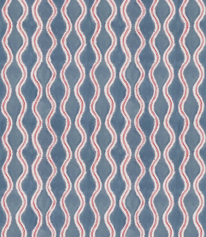 Wading Anemone contemporary fabric featuring a repeating vertical wavy stripe pattern in dusty blue, with cream scalloped borders and fine red outlines creating a flowing geometric design.