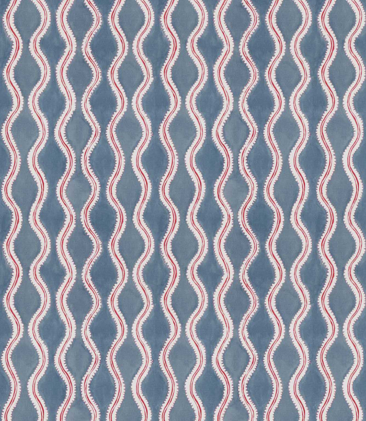 Wading Anemone contemporary fabric featuring a repeating vertical wavy stripe pattern in dusty blue, with cream scalloped borders and fine red outlines creating a flowing geometric design.