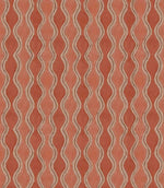 Wading Coralee contemporary fabric featuring a repeating vertical wavy stripe pattern in warm coral, terracotta and soft pink tones, with cream scalloped borders and fine brown outlines creating a flowing geometric design.
