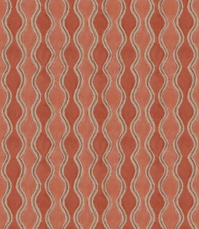 Wading Coralee contemporary fabric featuring a repeating vertical wavy stripe pattern in warm coral, terracotta and soft pink tones, with cream scalloped borders and fine brown outlines creating a flowing geometric design.