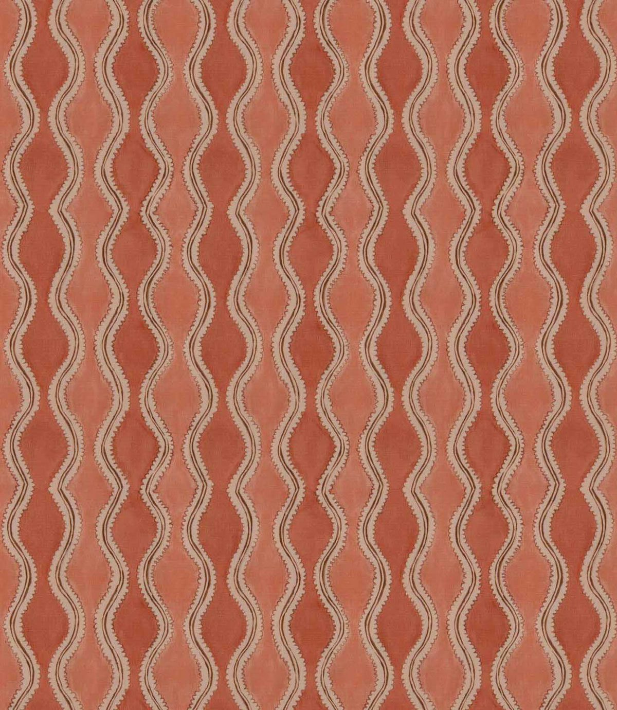 Wading Coralee contemporary fabric featuring a repeating vertical wavy stripe pattern in warm coral, terracotta and soft pink tones, with cream scalloped borders and fine brown outlines creating a flowing geometric design.