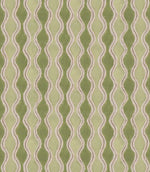Wading Kelp contemporary fabric featuring repeating vertical wavy stripes in sage green and olive tones, with delicate cream scalloped edges and fine taupe outlines creating a flowing geometric pattern.
