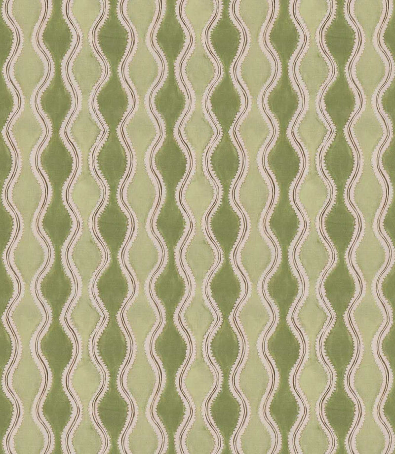 Wading Kelp contemporary fabric featuring repeating vertical wavy stripes in sage green and olive tones, with delicate cream scalloped edges and fine taupe outlines creating a flowing geometric pattern.