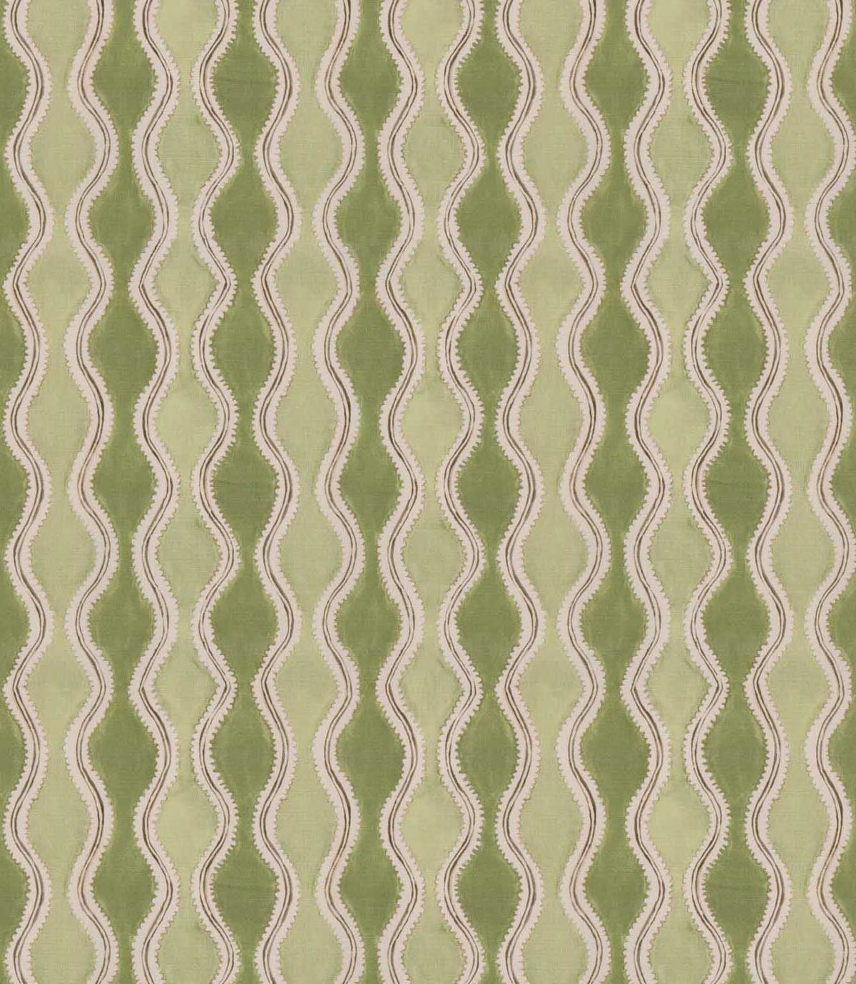 Wading Kelp contemporary fabric featuring repeating vertical wavy stripes in sage green and olive tones, with delicate cream scalloped edges and fine taupe outlines creating a flowing geometric pattern.