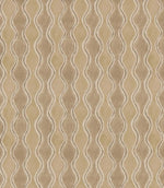 Wading Quaker contemporary fabric featuring a repeating vertical wavy stripe pattern in warm beige, taupe and sand tones, with cream scalloped edges and fine brown outlines creating a flowing geometric design.