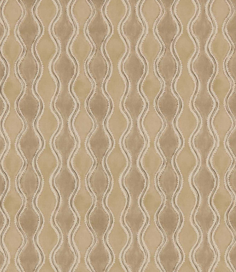 Wading Quaker contemporary fabric featuring a repeating vertical wavy stripe pattern in warm beige, taupe and sand tones, with cream scalloped edges and fine brown outlines creating a flowing geometric design.