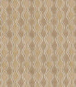 Wading Quaker contemporary fabric featuring a repeating vertical wavy stripe pattern in warm beige, taupe and sand tones, with cream scalloped edges and fine brown outlines creating a flowing geometric design.