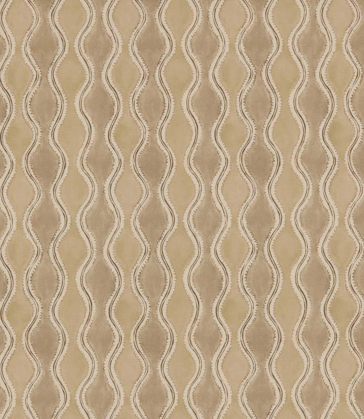 Wading Quaker contemporary fabric featuring a repeating vertical wavy stripe pattern in warm beige, taupe and sand tones, with cream scalloped edges and fine brown outlines creating a flowing geometric design.