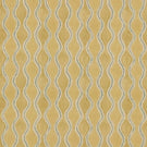 Wading Sunkiss contemporary fabric featuring repeating vertical wavy stripes in soft teal blue and cream, with delicate scalloped detailing against a warm golden yellow background.
